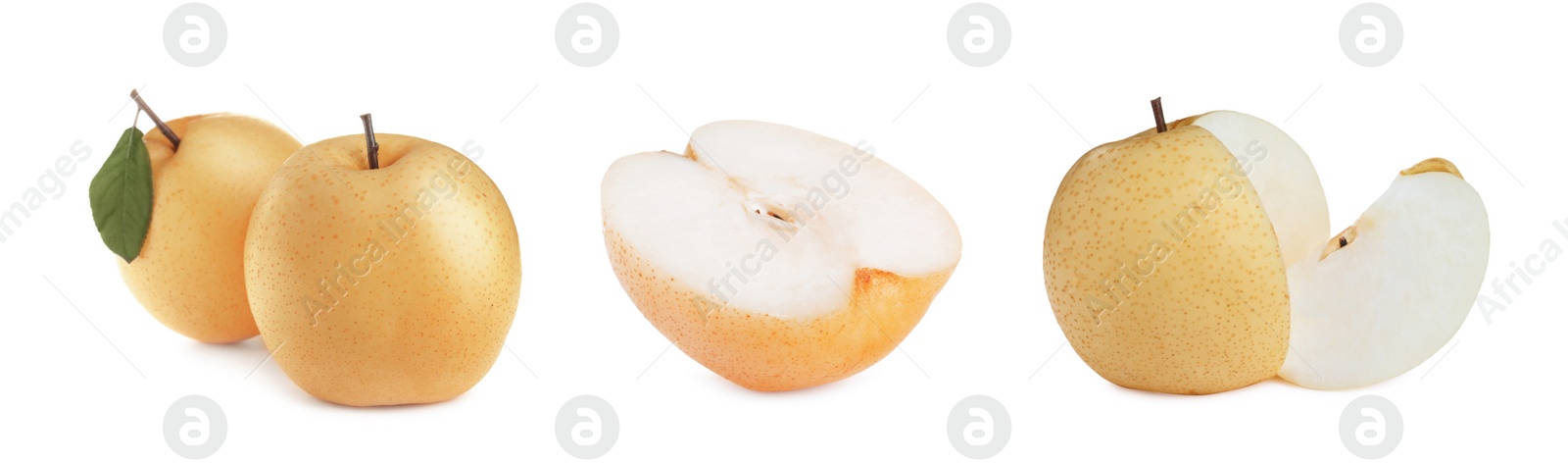 Image of Set with fresh ripe apple pears on white background, banner design 