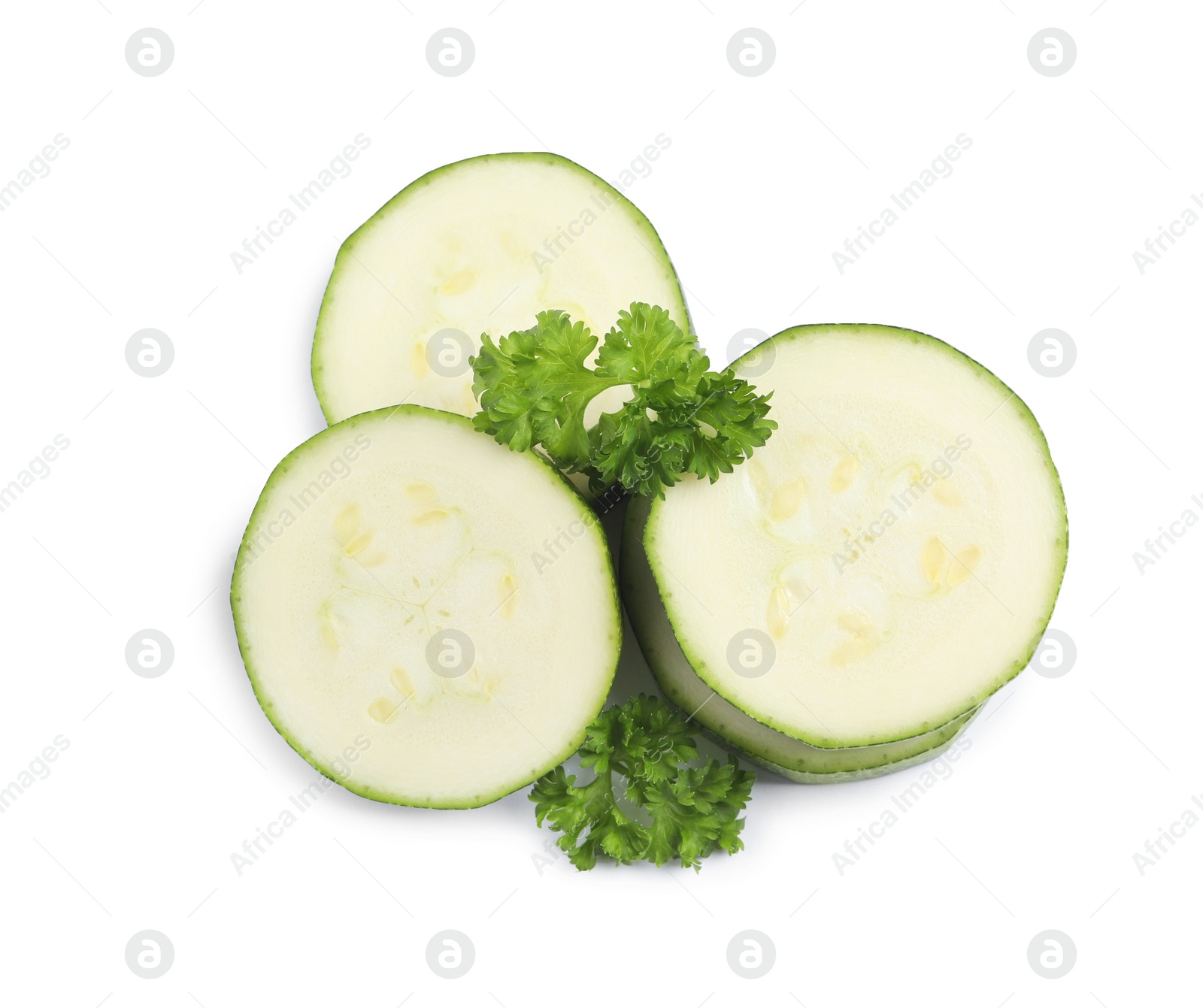 Photo of Cut green ripe zucchini and parsley isolated on white, top view