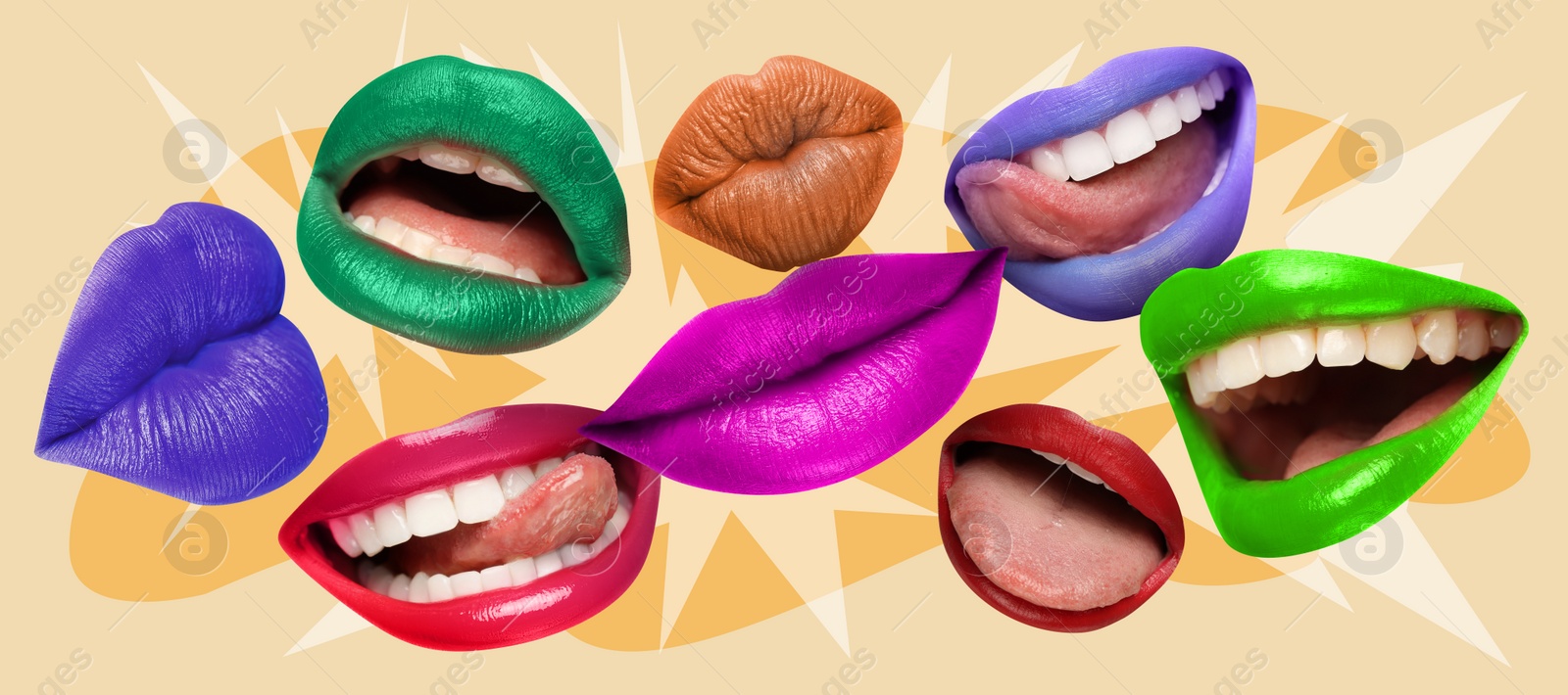 Image of Stylish art collage. Different lips on beige background, banner design
