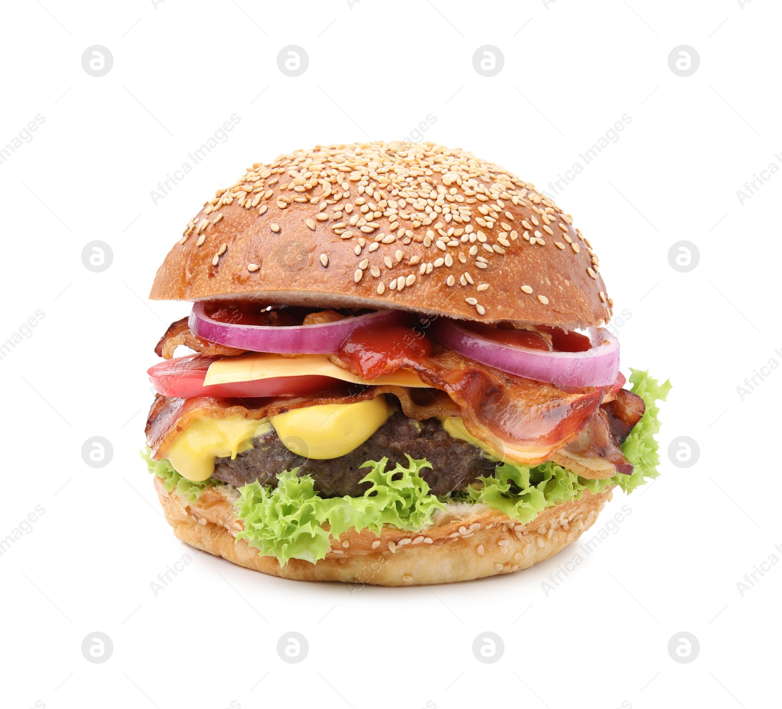 Photo of Delicious burger with bacon, patty and vegetables isolated on white