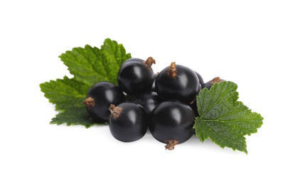 Photo of Ripe blackcurrants and leaves isolated on white