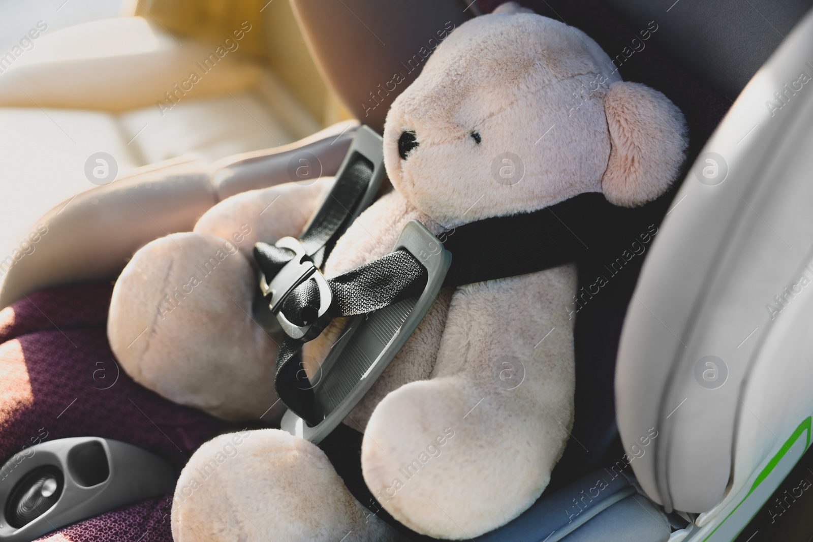 Photo of Teddy bear in child safety seat inside car