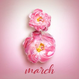 Image of 8 March - Happy International Women's Day. Card design with shape of number eight made of peony flowers on pink background, top view