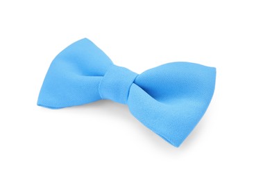 Photo of Stylish light blue bow tie on white background