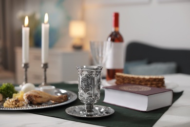 Photo of Table served for Passover (Pesach) Seder indoors