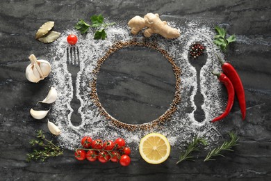 Flat lay composition with different spices, silhouettes of cutlery and plate on grey marble background. Space for text