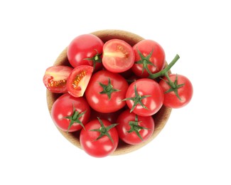 Photo of Bowl with fresh ripe cherry tomatoes isolated on white, top view