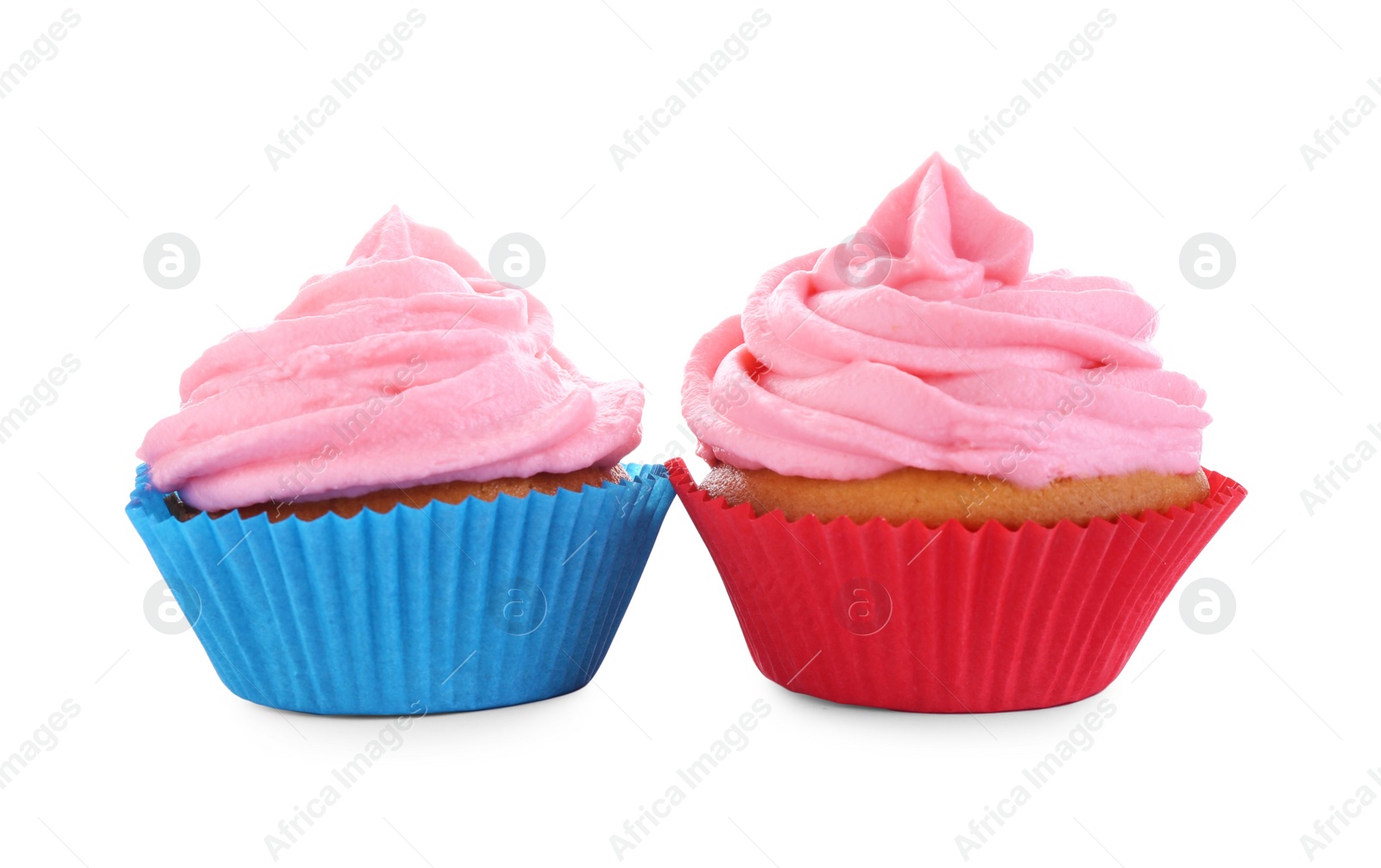 Photo of Delicious cupcakes with pink cream isolated on white