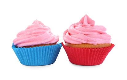 Photo of Delicious cupcakes with pink cream isolated on white