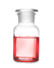 Reagent bottle with red liquid isolated on white. Laboratory glassware