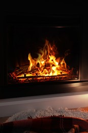 Beautiful fireplace with burning wood indoors. Winter season