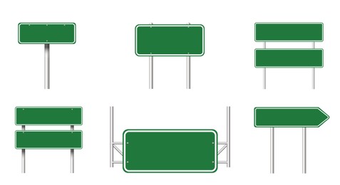 Image of Different green blank road signs on white background, collage design