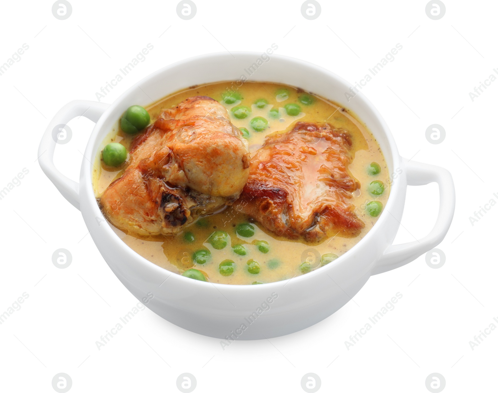 Photo of Tasty cooked rabbit meat with sauce and peas isolated on white