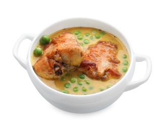 Photo of Tasty cooked rabbit meat with sauce and peas isolated on white