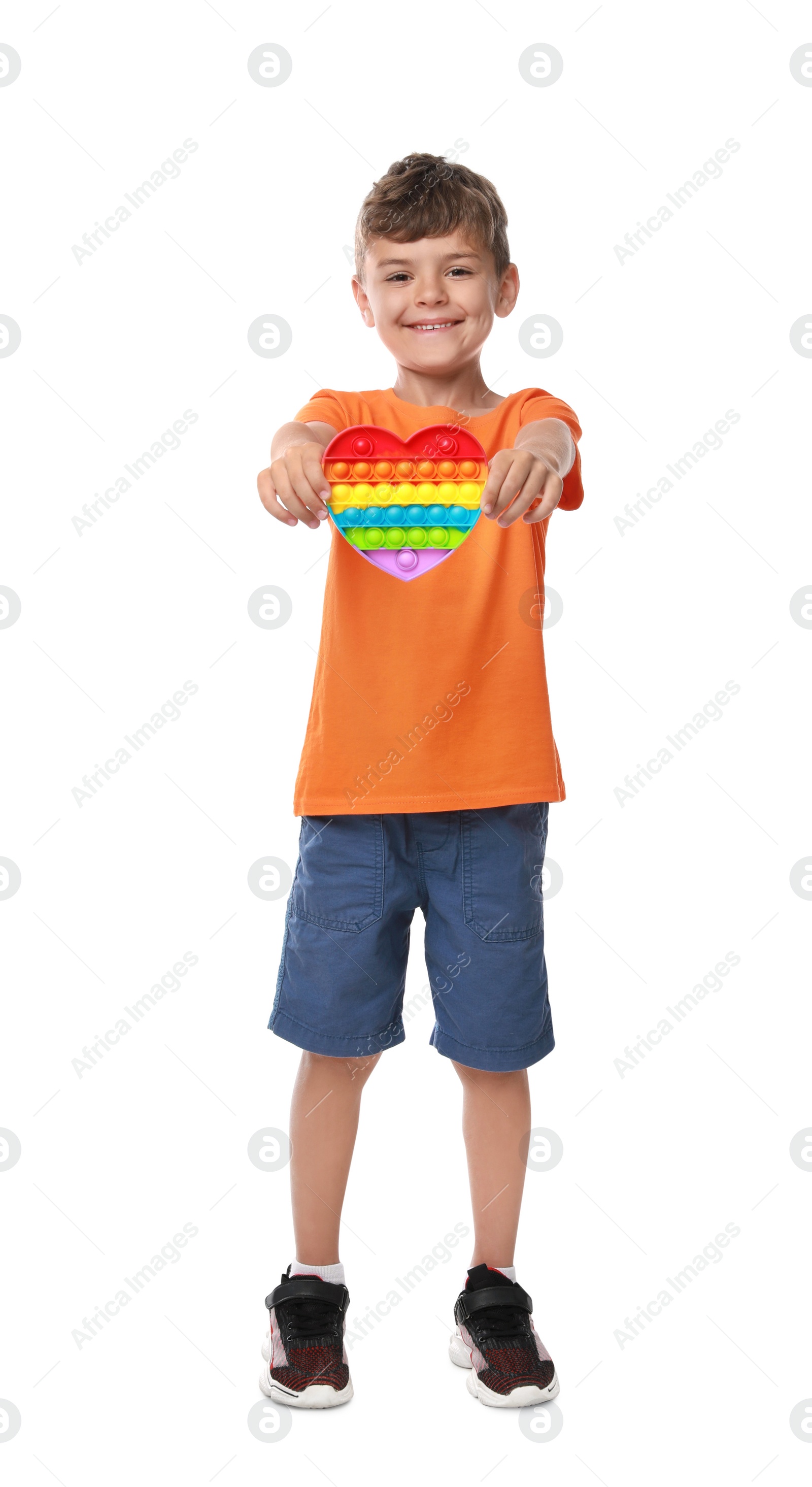 Photo of Boy with pop it fidget toy on white background