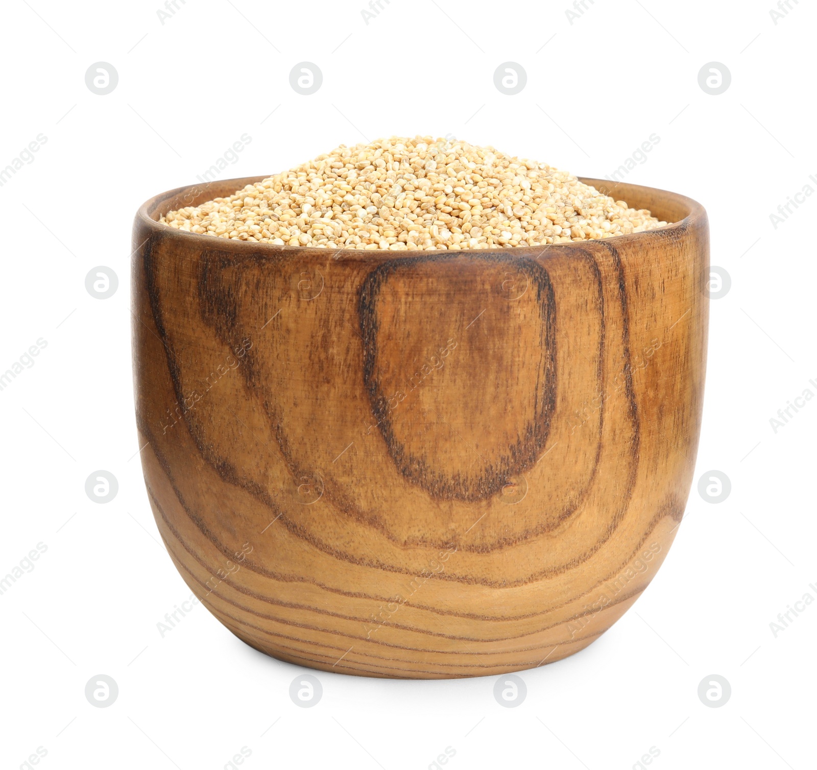 Photo of Wooden bowl with raw quinoa isolated on white