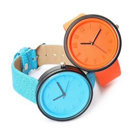 Stylish colorful wrist watches on white background. Fashion accessory