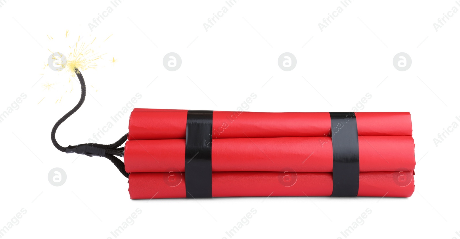 Photo of Dynamite bomb with lit fuse on white background