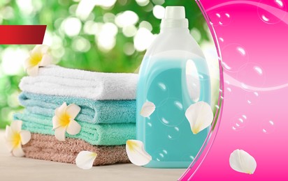 Fabric softener advertising design. Bottle of conditioner, soft clean towels, flying bubbles and flower petals