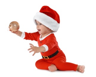 Cute little baby wearing festive Christmas costume on white background