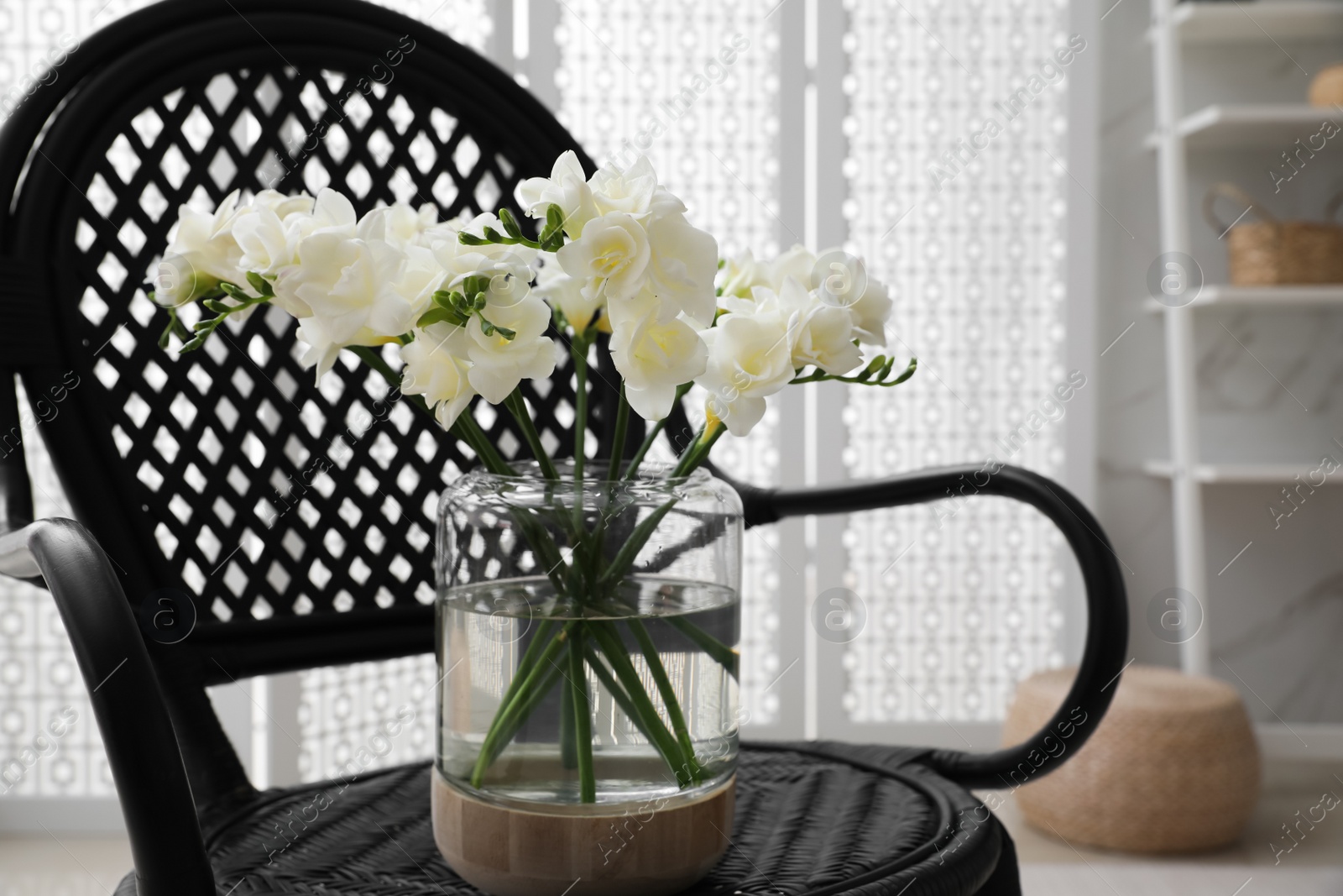 Photo of Beautiful white freesia flowers in vase on armchair indoors