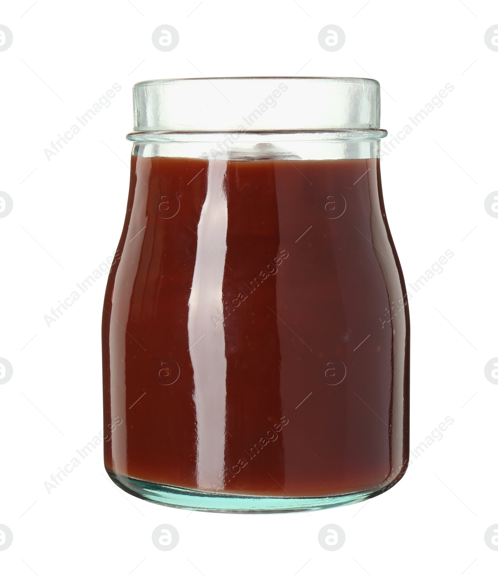 Photo of Tasty barbecue sauce in glass jar isolated on white