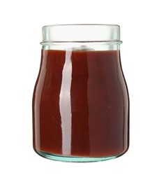 Photo of Tasty barbecue sauce in glass jar isolated on white