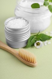 Photo of Toothbrush, dental products and herbs on light olive background, closeup