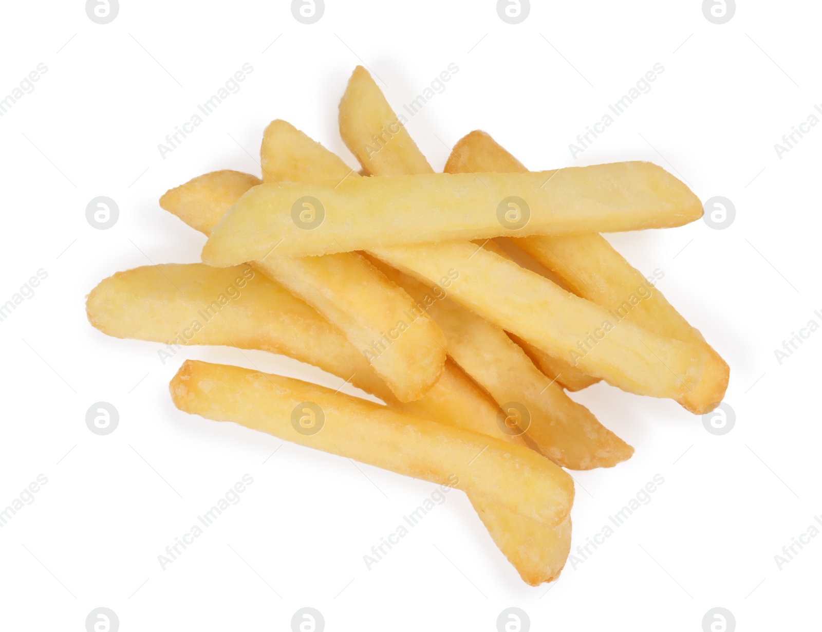 Photo of Delicious fresh french fries on white background, top view