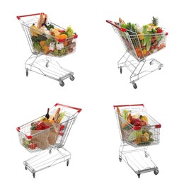 Image of Set with shopping carts full of groceries on white background
