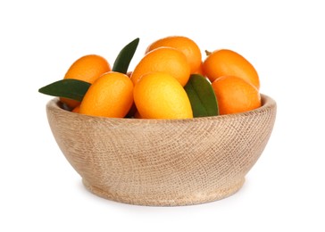 Photo of Fresh ripe kumquats with leaves in bowl on white background. Exotic fruit