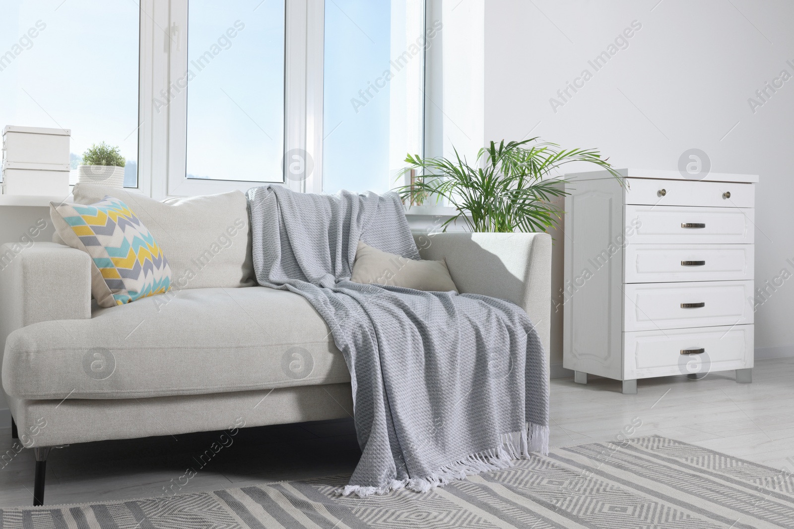 Photo of Cosy living room with sofa and chest of drawers near window. Interior design