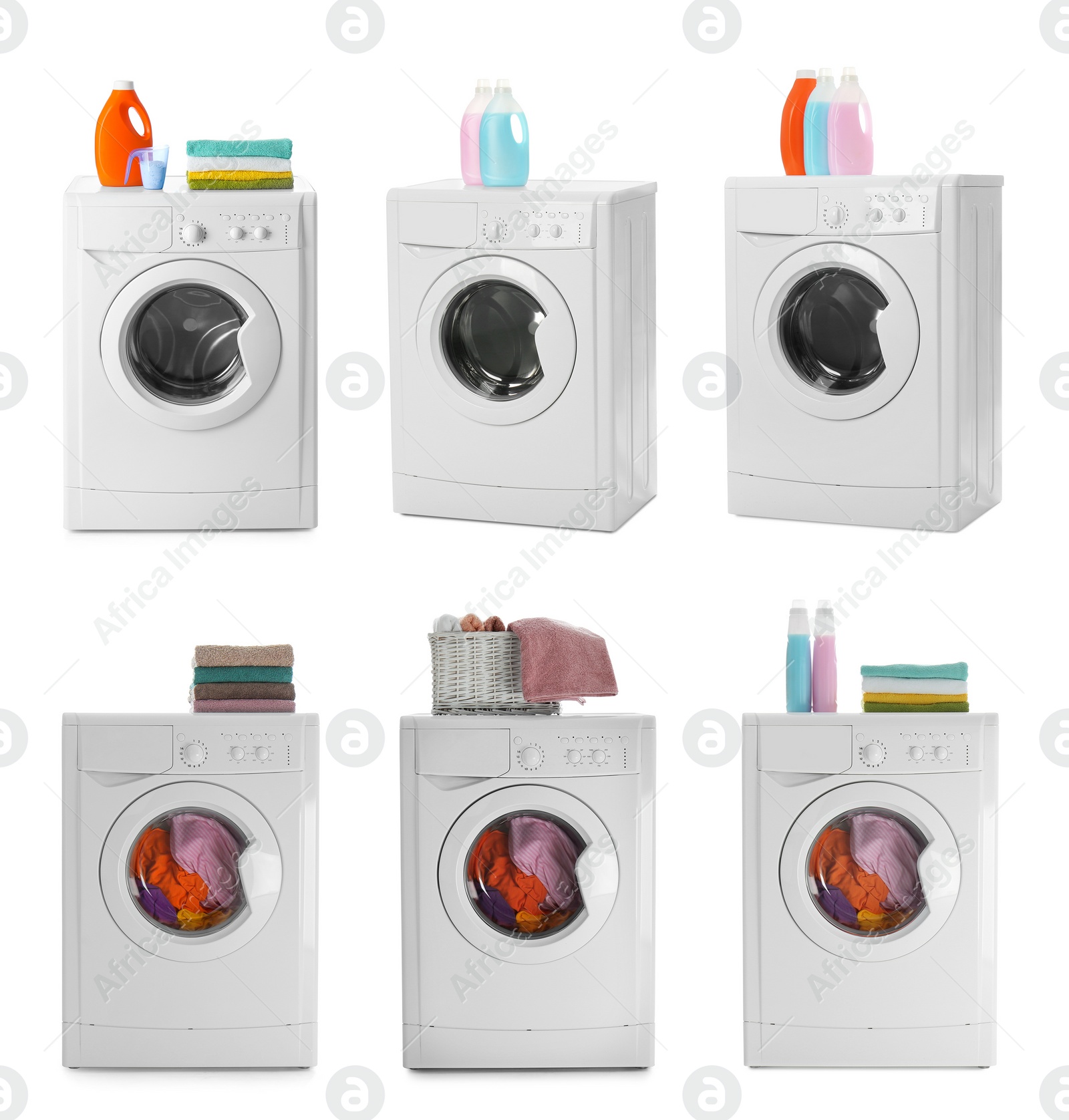 Image of Set with modern washing machines on white background 