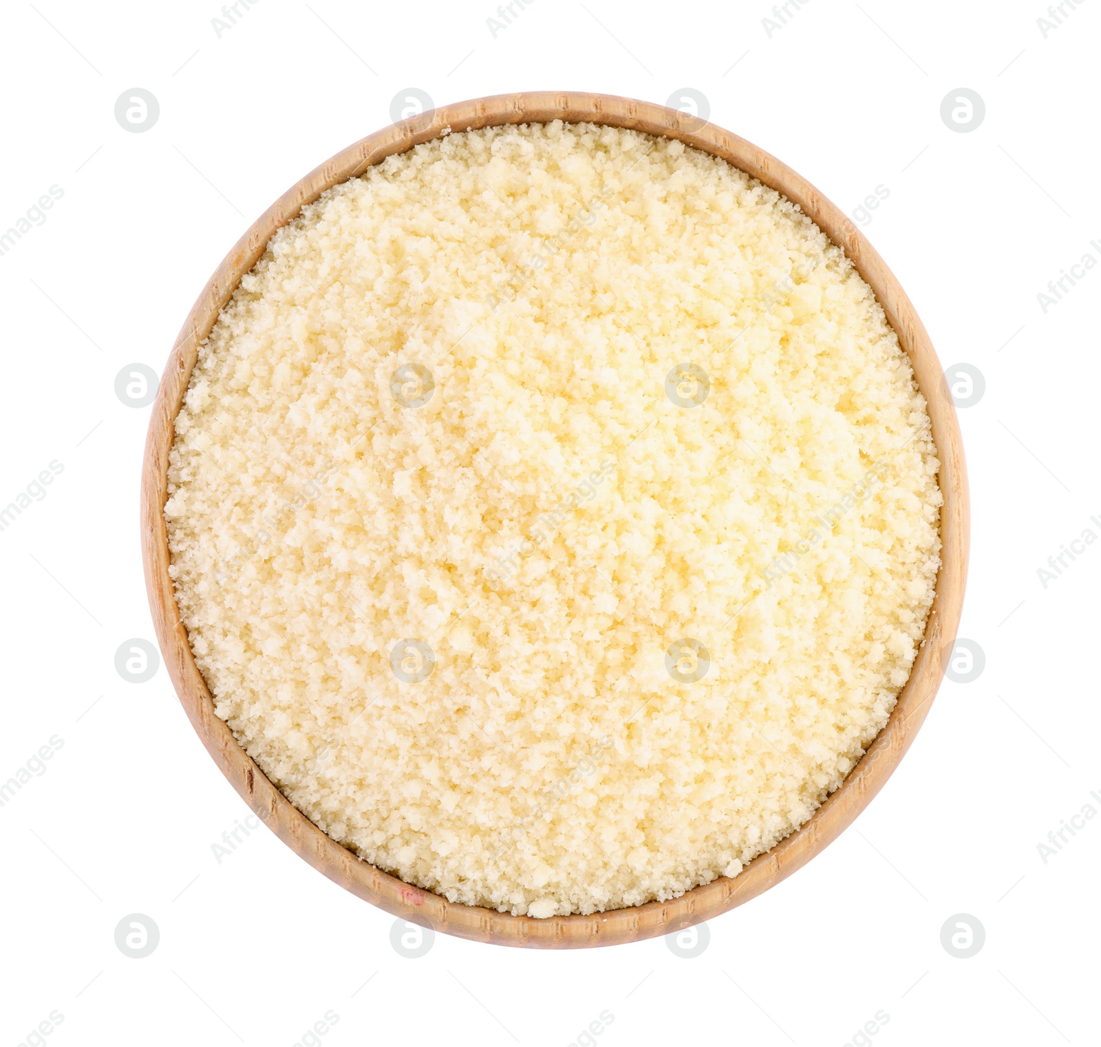 Photo of Bowl with grated parmesan cheese isolated on white, top view