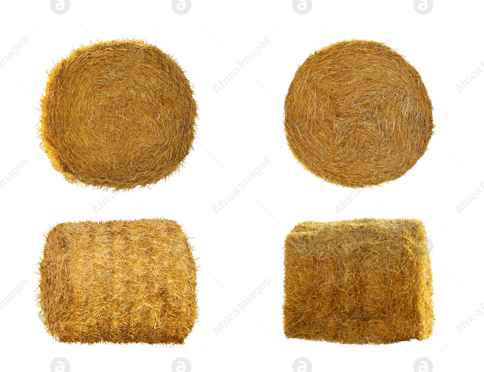 Image of Set with dried straw bales on white background 