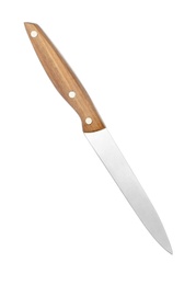 Photo of Sharp utility knife with wooden handle isolated on white