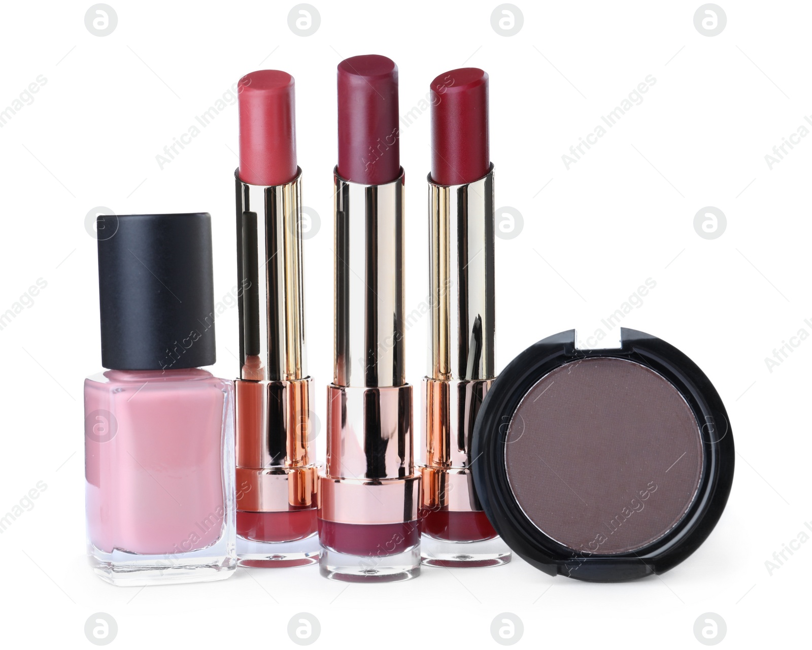 Photo of Different luxury cosmetic products on white background