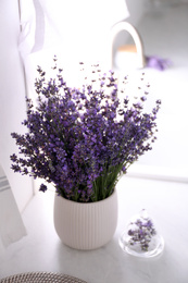 Photo of Beautiful lavender flowers on countertop in kitchen