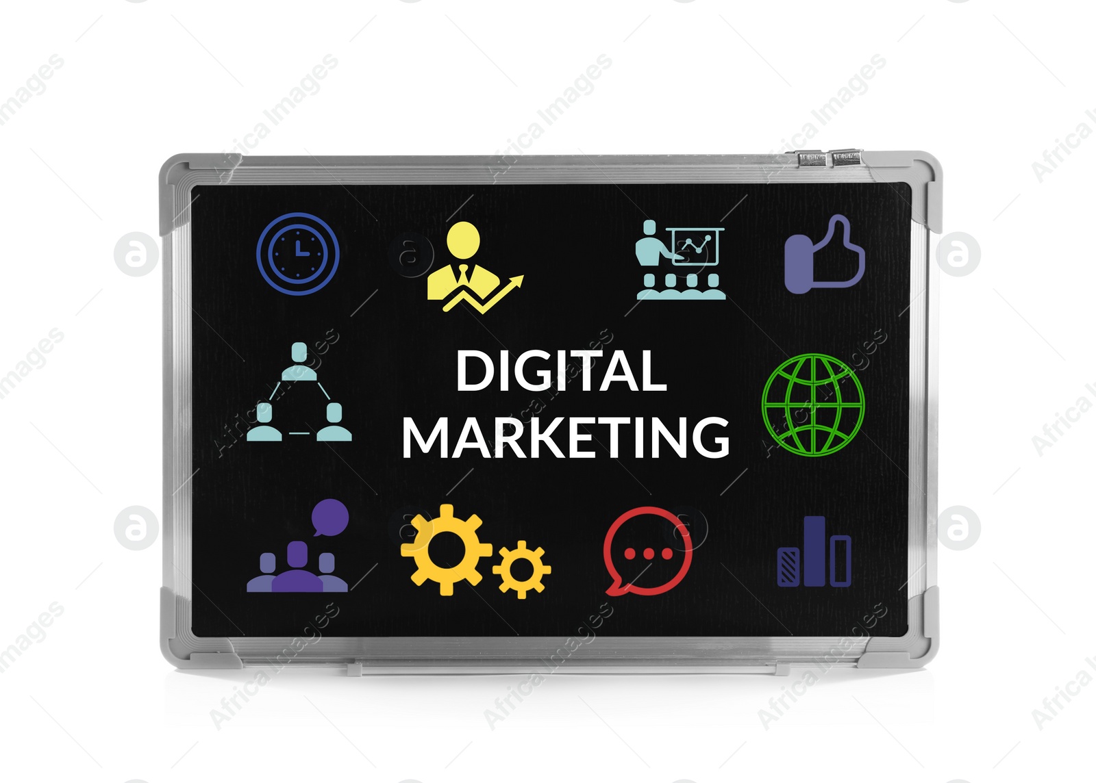 Image of Small chalkboard with digital marketing plan isolated on white
