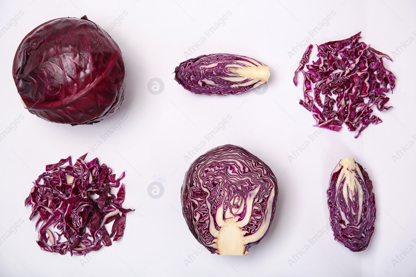 Photo of Composition with ripe red cabbage on white background