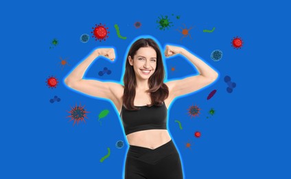 Image of Healthy woman with glowing silhouette surrounded by drawn viruses on blue background. Sporty lifestyle - base of strong immunity