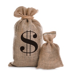 Image of Burlap bag and one with dollar sign on white background