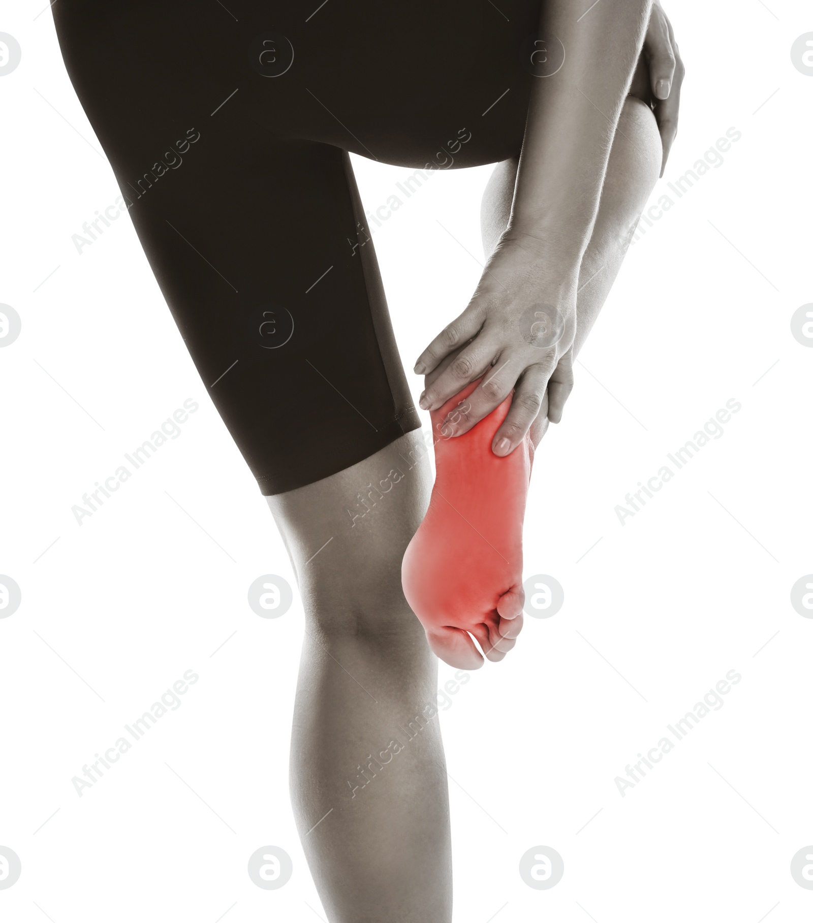 Image of Woman suffering from foot pain on white background, closeup