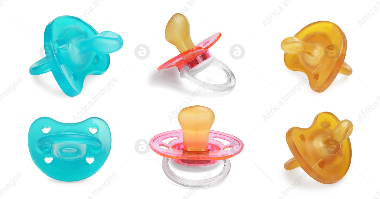 Image of Collage of baby pacifiers on white background, views from different sides