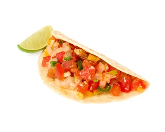 Photo of Delicious taco with vegetables and slice of lime isolated on white