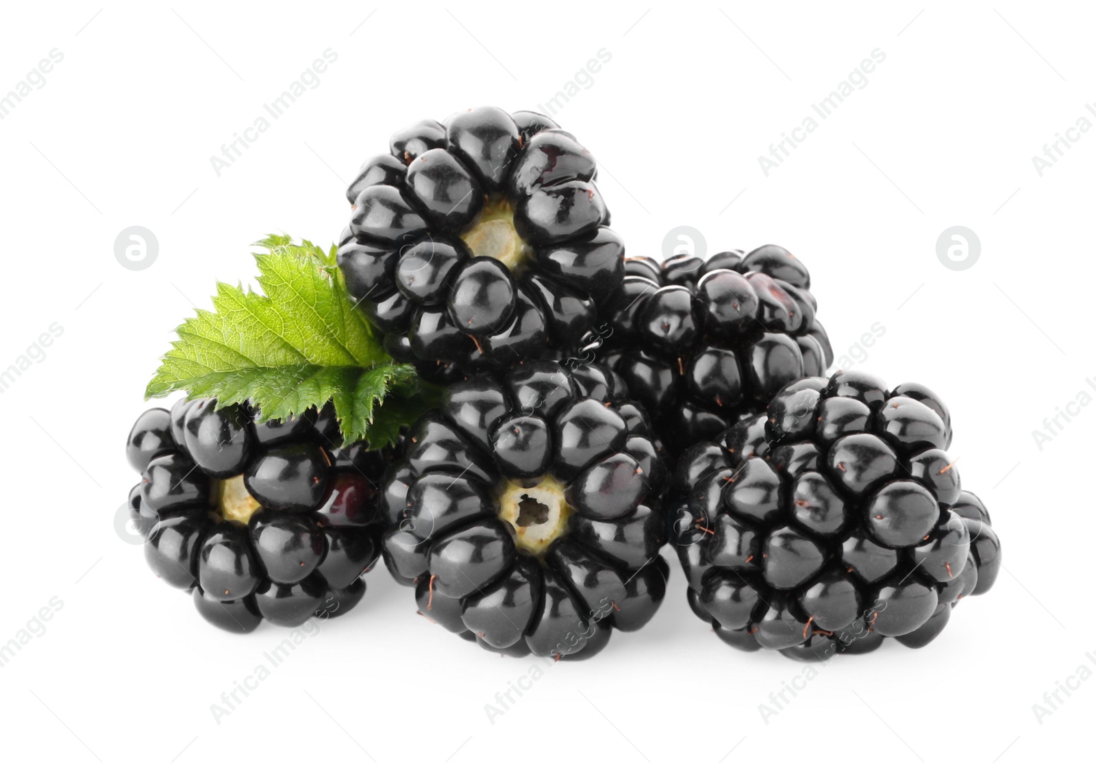 Photo of Tasty ripe blackberries and leaf on white background