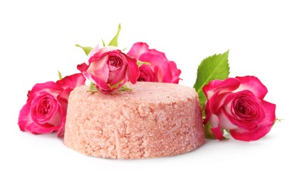 Photo of Solid shampoo bar and roses on white background. Hair care