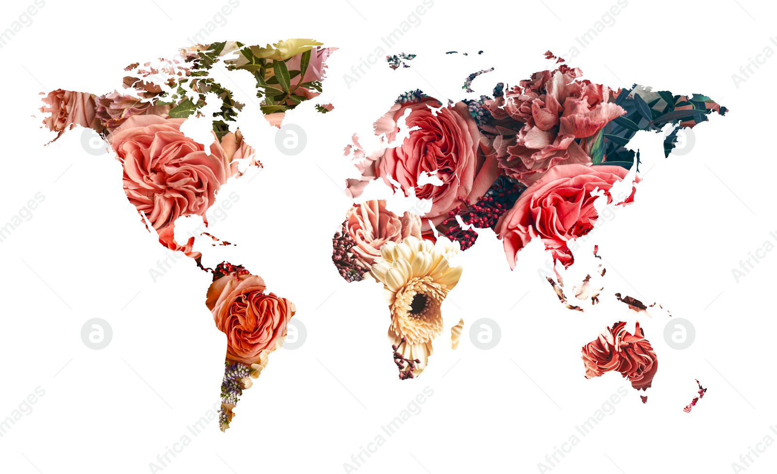 Image of World map made of beautiful flowers on white background, banner design