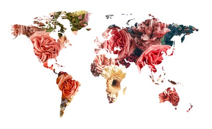 World map made of beautiful flowers on white background, banner design