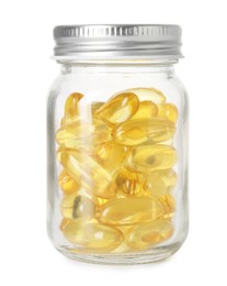 Photo of Softgel capsules in bottle isolated on white